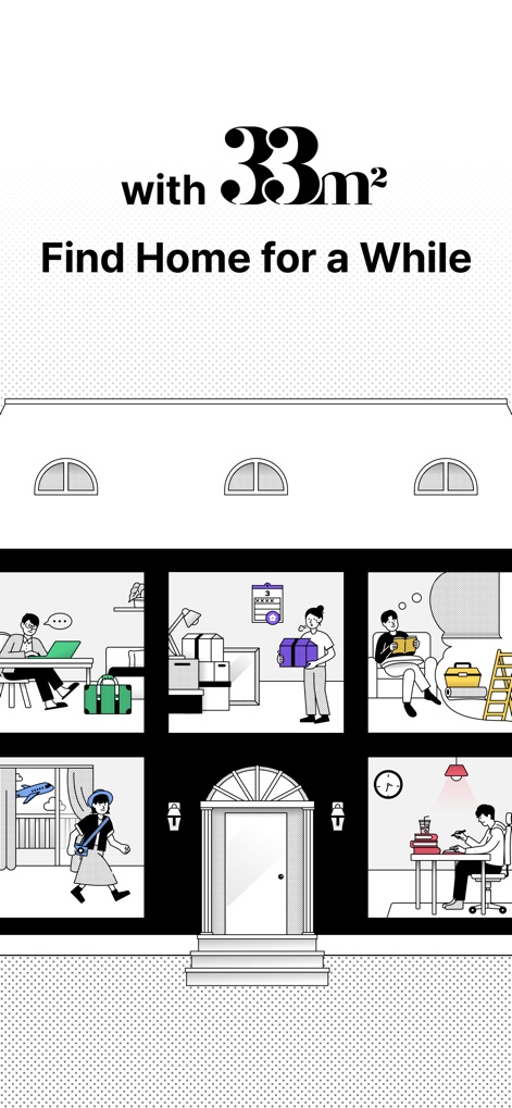 33m2 - Korea Short-Term Rental - This tool communicates its core value through the prominent 'Find Home for a While' message and compelling illustrations of diverse living situations, from working remotely to moving homes.