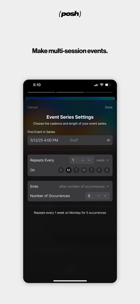 Posh – Create & Find Events - The app supports complex event scheduling, allowing organizers to configure 'Repeats Every' and define the 'Number of Occurrences' for a series.