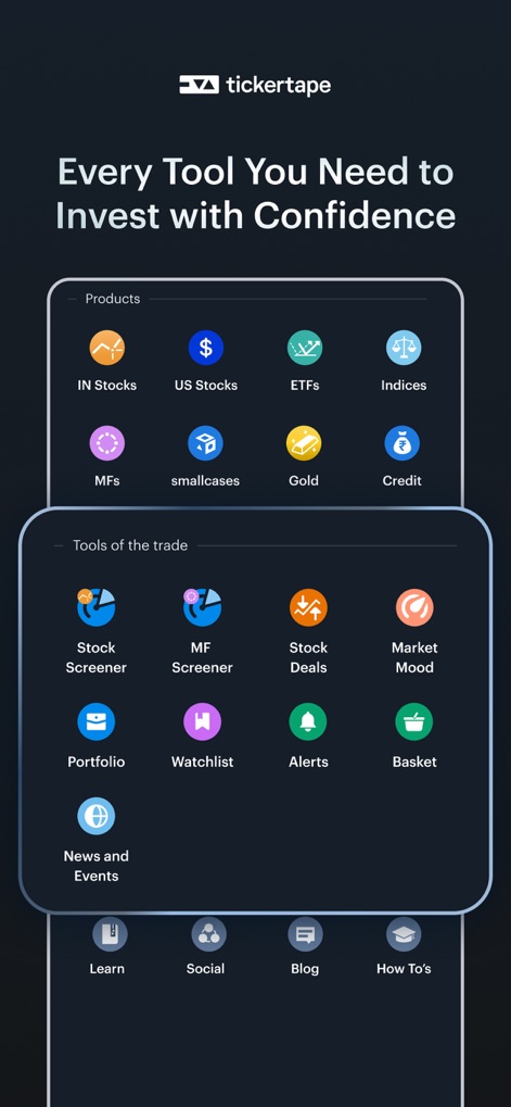 Tickertape: US & Indian Stocks - Die App bietet eine vollständige Palette von Funktionen für fundierte Anlageentscheidungen, gezeigt durch verschiedene Produktkategorien wie US-Aktien und ETFs sowie umfassende "Tools of the trade" wie Aktien- und MF-Screener.
