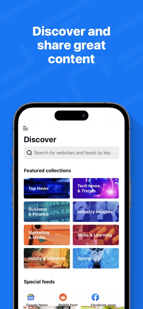 Inoreader: News & RSS reader - The app offers curated content collections, such as 'Tech News & Trends', and integrates seamlessly with diverse platforms, including Reddit and Facebook pages, to broaden discovery.