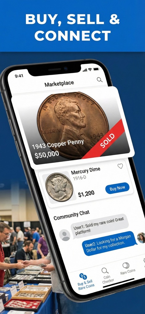CoinOn - coin value identifier - Los coleccionistas tienen acceso a un mercado dinámico para "comprar y vender monedas", como se ilustra con el "1943 Copper Penny" y las opciones de "chat comunitario".