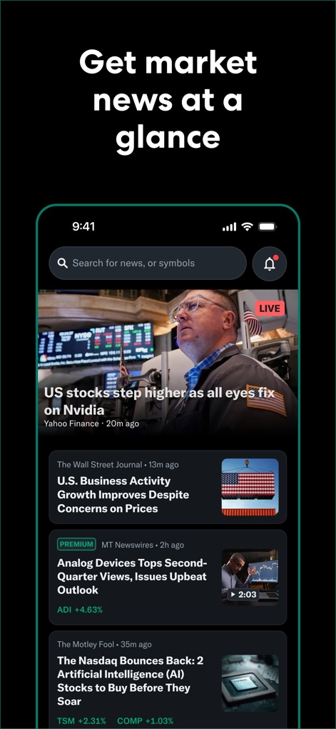 Yahoo Finance: Stocks & News - Die App liefert aktuelle Finanznachrichten von verschiedenen Quellen wie "The Wall Street Journal", wobei Schlagzeilen und deren Veröffentlichungszeitpunkt übersichtlich dargestellt werden.