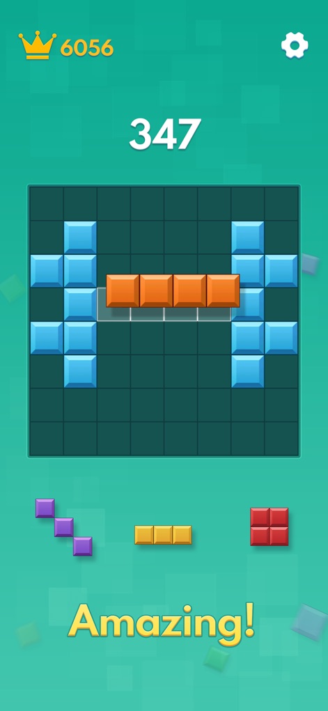Block Blast - Top Block Puzzle - See the app's vibrant color palette in action with contrasting block arrangements and the encouraging "Amazing!" reinforcement after successful moves.