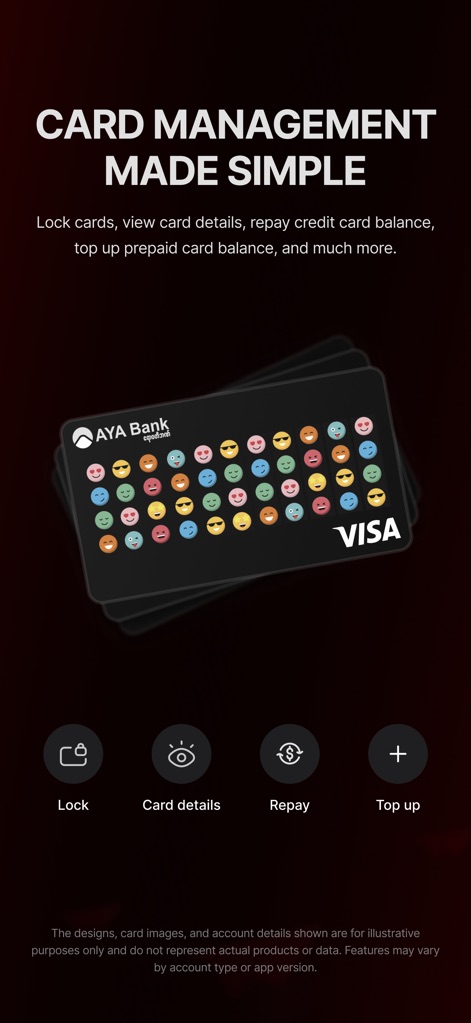 AYA Mobile Banking - Nutzer können ihre Kreditkarten effizient verwalten, dargestellt durch einen ikonischen Stapel von VISA-Karten mit Emojis, und schnell auf wichtige Funktionen wie 'Lock' und 'Repay' über die bereitgestellten Icons zugreifen.