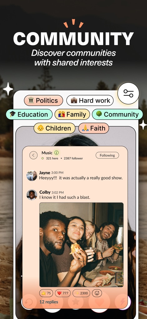 Upward: Dating for Christians - Discover vibrant interactions within various groups, identifiable by specific "topic filter buttons" like 'Family' and 'Faith', and engage in dynamic "community feed" discussions.