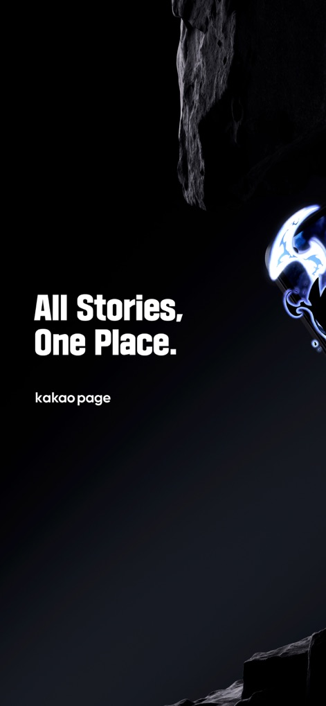 KakaoPage - This introductory screen highlights the app's central promise of housing 'All Stories, One Place' and features a captivating, dynamic graphic element.