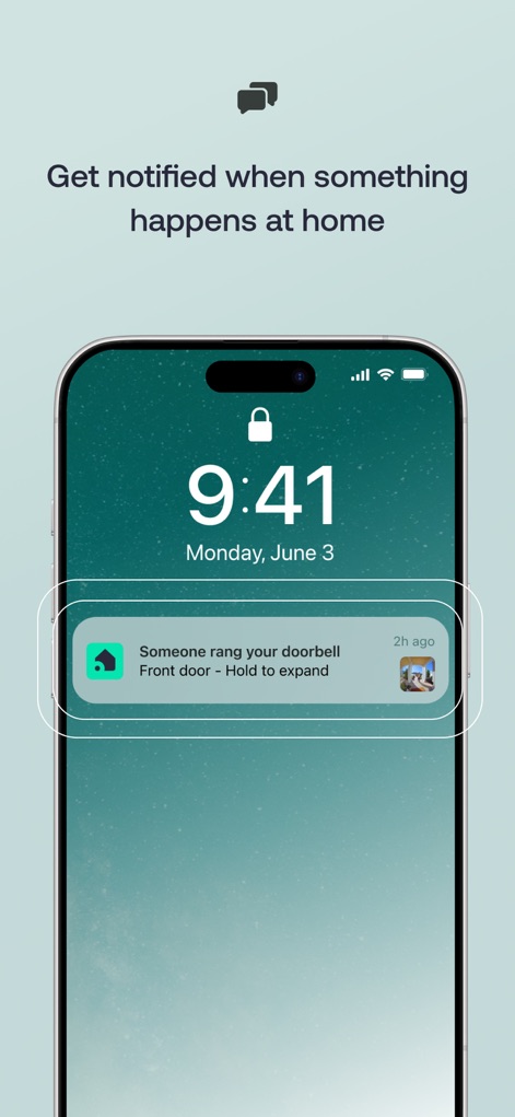 Vivint - Die App informiert Nutzer durch eine Benachrichtigung, wenn 'Someone rang your doorbell', und zeigt die Zeit des Ereignisses, wie '2h ago', für lückenlose Überwachung an.