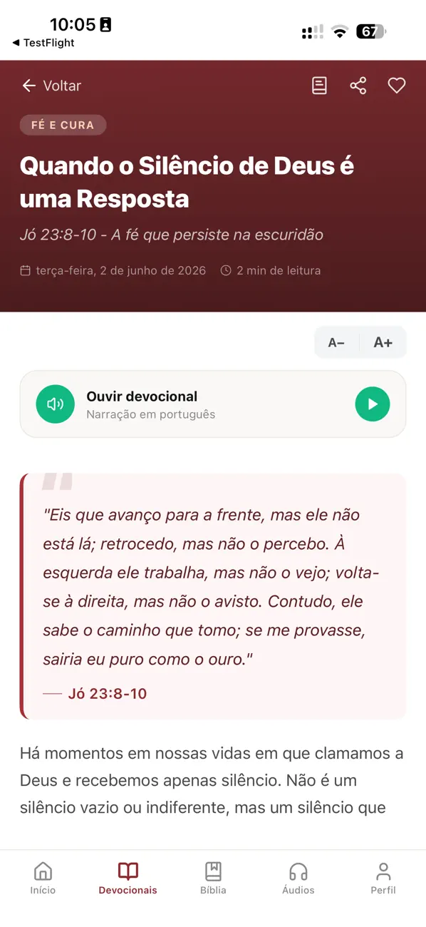 Captura real do app: devocional com controle de áudio