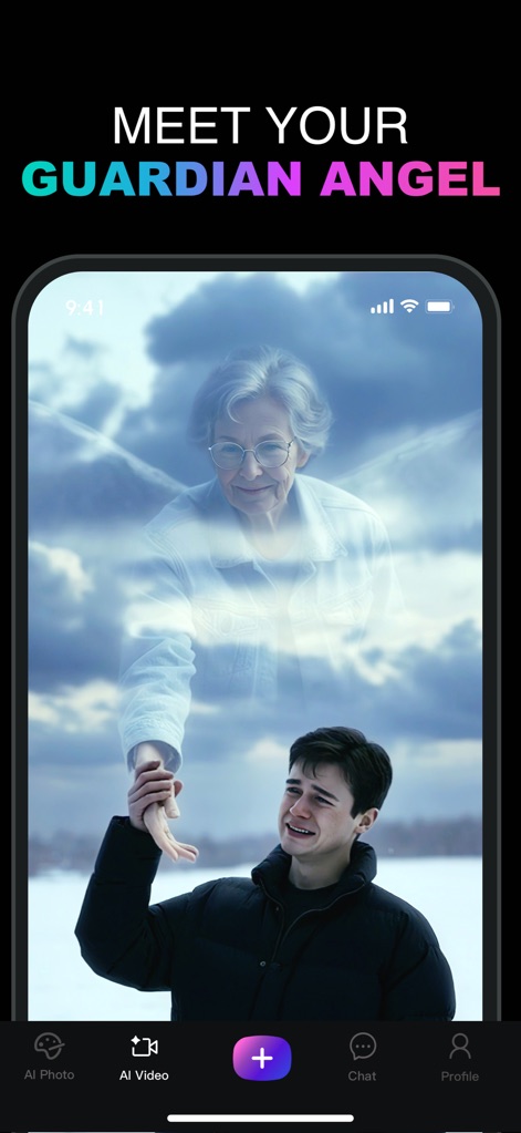 Chatlulu:Video&Photo Editor - Unlock creative storytelling with AI-generated fantasy concepts, like the 'Guardian Angel' effect, showcasing the app's ability to blend subjects with ethereal backgrounds.