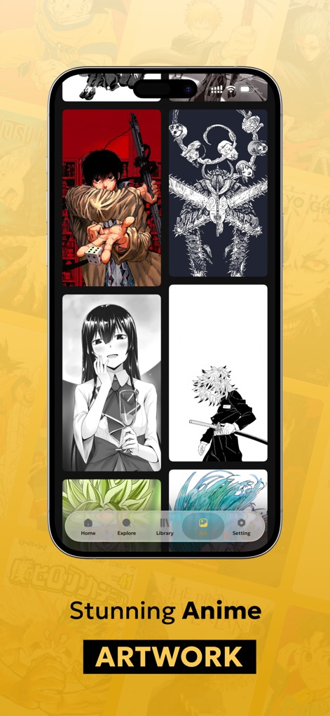 Manga Reader King - A seção de arte oferece uma galeria de 'Stunning Anime ARTWORK', onde os usuários podem explorar diversos designs de arte e salvar imagens de alta qualidade diretamente.