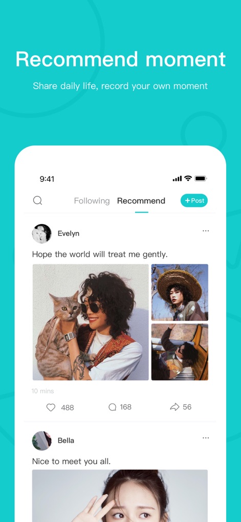 the L - Lesbian Dating & Live - Users can chronicle their daily life through the 'Recommend' feed and easily share new content using the prominent 'Post' button.