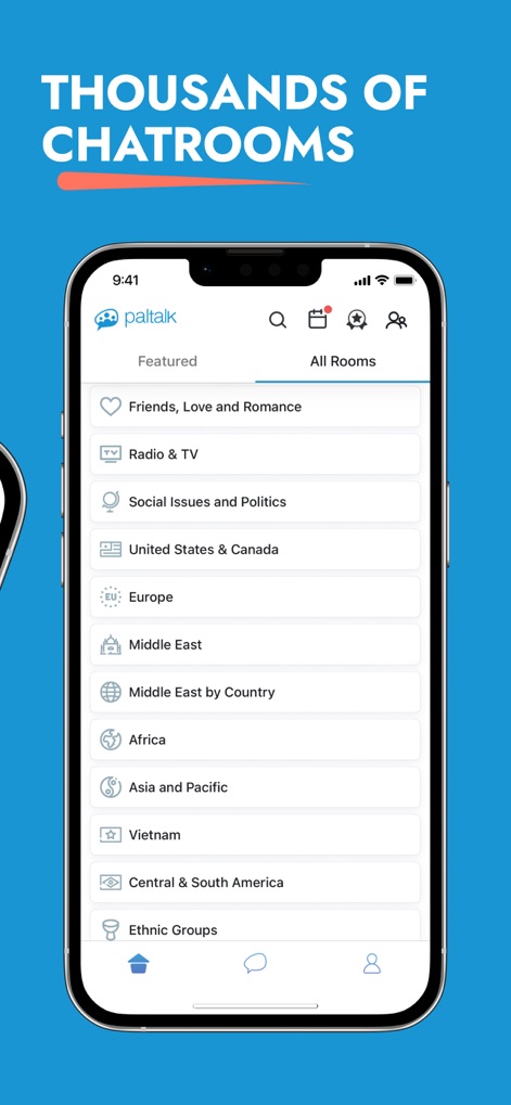Paltalk: Live Chat Rooms - L'interface présente des "milliers de salons" classés par "catégories d'intérêt" telles que "Politique et questions sociales" ou "Amour et romance", facilitant la découverte.