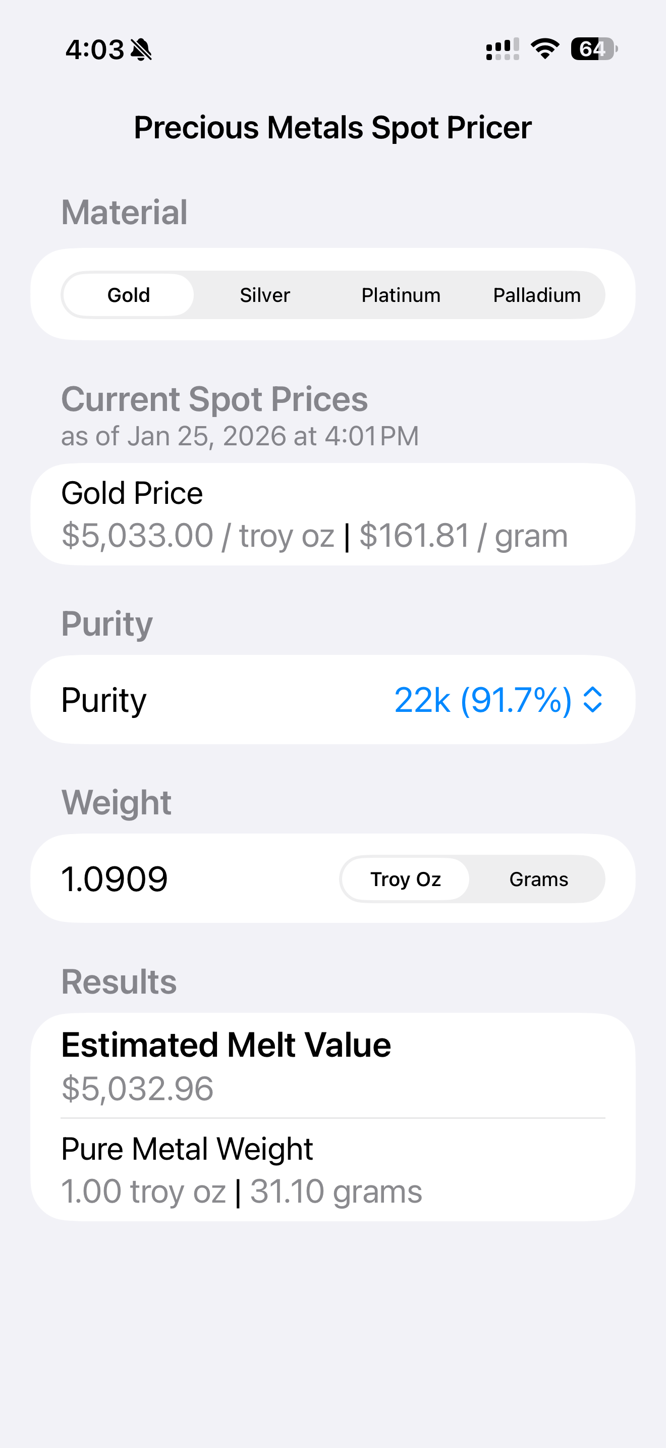 Precious Metals Spot Pricer