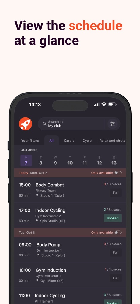 Xplor Active - Nutzer können hier den umfassenden Kursplan einsehen, der übersichtlich nach Tagen sortiert ist und praktische Filteroptionen wie "Cardio" oder "Cycle" bietet, um schnell die gewünschten Aktivitäten zu finden.