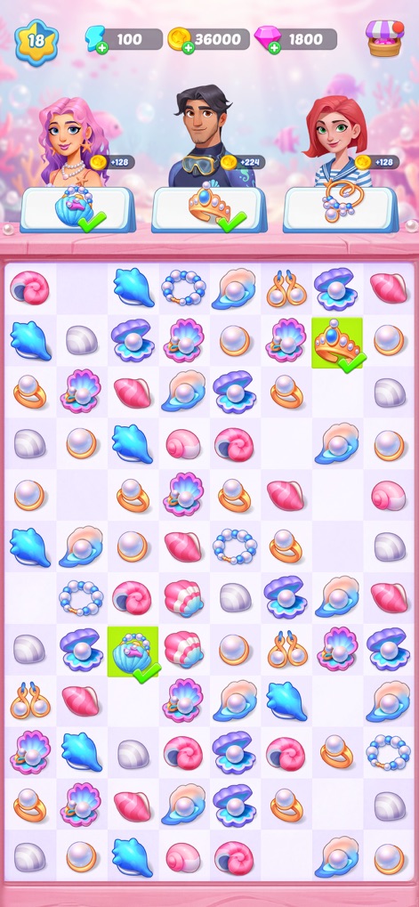 Mystery Town: Merge Games - The app presents intricate pearl and shell items for merging, set against a beautifully serene underwater environment backdrop.