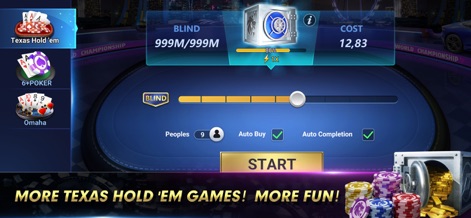 Texas Poker:Texas Holdem Game - A imagem detalha a configuração de uma mesa de jogo, permitindo ajustar o "Blind" e o número de "Peoples" (jogadores), enquanto oferece acesso rápido a variações como "Omaha".
