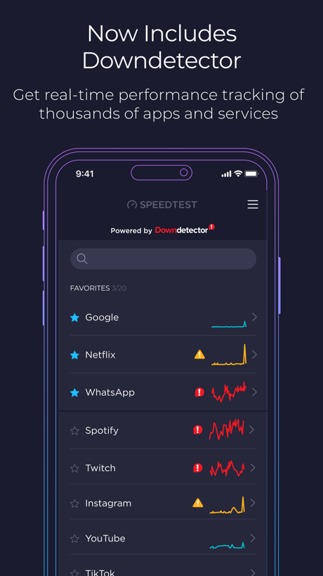 Speedtest by Ookla App Store screenshot 2, headline “Now Includes Downdetector”. Names another app.