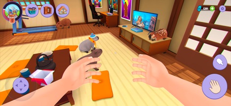 Capybara Simulator: My Pets - Discover personalized pet moments, such as a capybara wearing a festive hat, and the engaging interior design complete with an interactive television display.