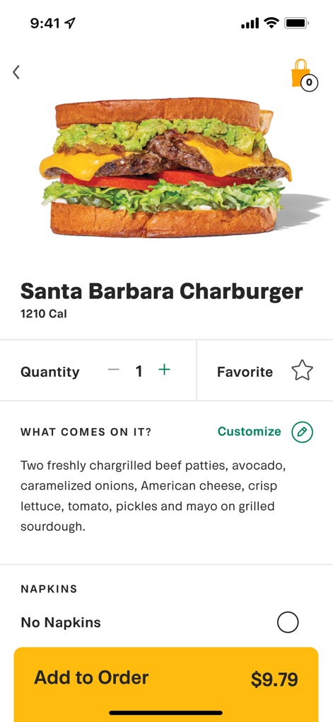 Habit Burger Grill - The app allows users to precisely tailor their meal with options like the 'Customize' button for ingredient adjustments and the quantity adjustment selector for portion control.