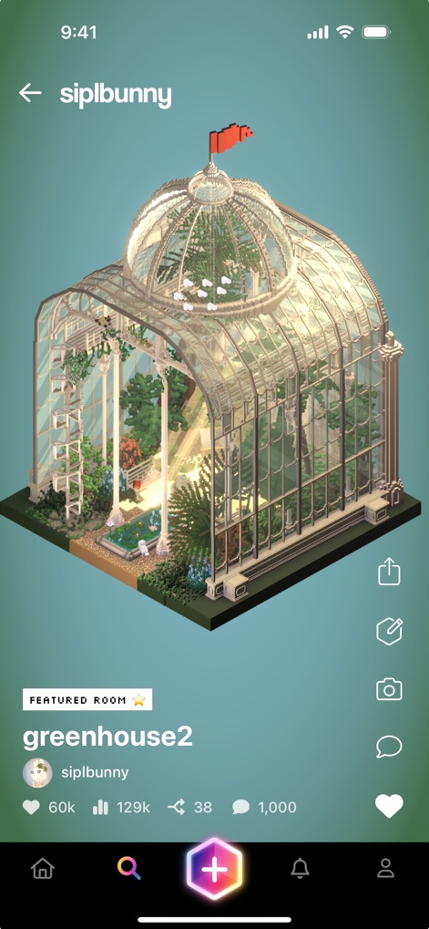 Rooms - The app highlights community excellence through intricate 'greenhouse' builds, prominently featuring a 'Featured Room' badge to celebrate exceptional designs.