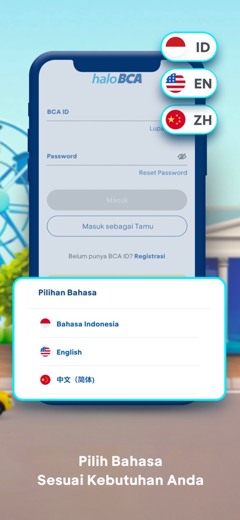 Halo BCA - La herramienta ofrece una experiencia personalizada permitiendo a los usuarios seleccionar su idioma preferido (Bahasa Indonesia, English, 中文 (简体)) directamente desde la pantalla de inicio de sesión de BCA ID.