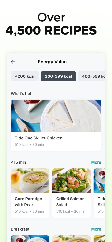 ‎Calorie Counter: Food Tracker - La aplicación brinda acceso a una vasta biblioteca de recetas, permitiendo a los usuarios filtrar por valor energético (como '200-399 kcal') y explorar opciones como 'Corn Porridge with Pear' con su tiempo de preparación estimado.
