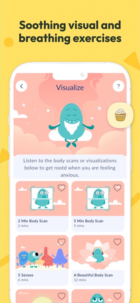 Rootd: Panic Attacks & Anxiety - A tela "Visualize" proporciona exercícios guiados como "2 Min Body Scan" e "5 Senses", com o mascote do aplicativo meditando para inspirar a prática da atenção plena.