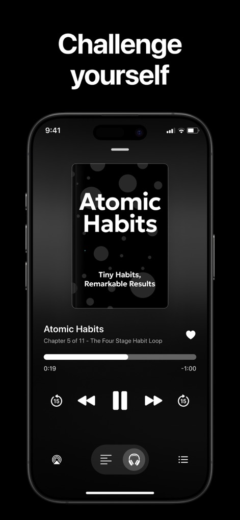 Wiser: Bite-Sized Learning - ユーザーはオーディオブックを通じて自分自身に挑戦でき、再生コントロールと進行状況を示すインターフェースを通じて学習を深めることができます。