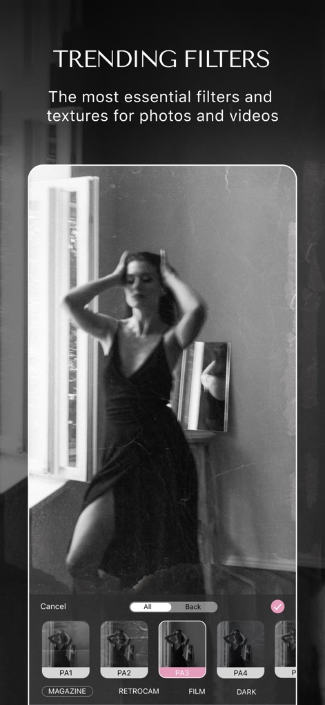 MalibooMake - Discover the app's essential collection of trending filters, featuring vintage styles like 'Retrocam' and cinematic 'Film' options to evoke specific moods.