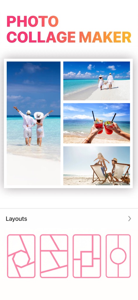 Insta Save Pro - Créez des collages thématiques saisissants, comme ce collage de vacances ensoleillé, et choisissez parmi une gamme de mises en page variées et créatives illustrées en bas pour agencer les images facilement.