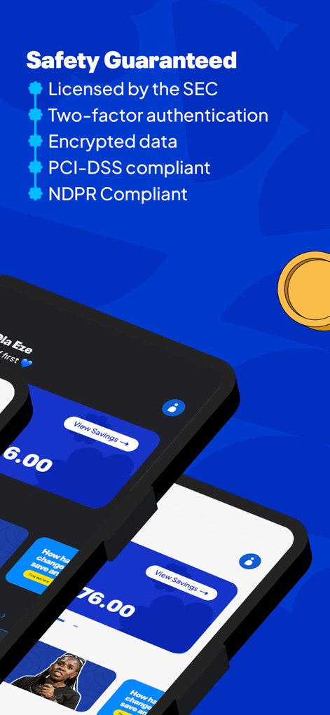 PiggyVest: Save & Invest Today - アプリは「Safety Guaranteed」という明確な表示と共に、SECライセンスと二要素認証による厳重なセキュリティ対策をユーザーに保証します。