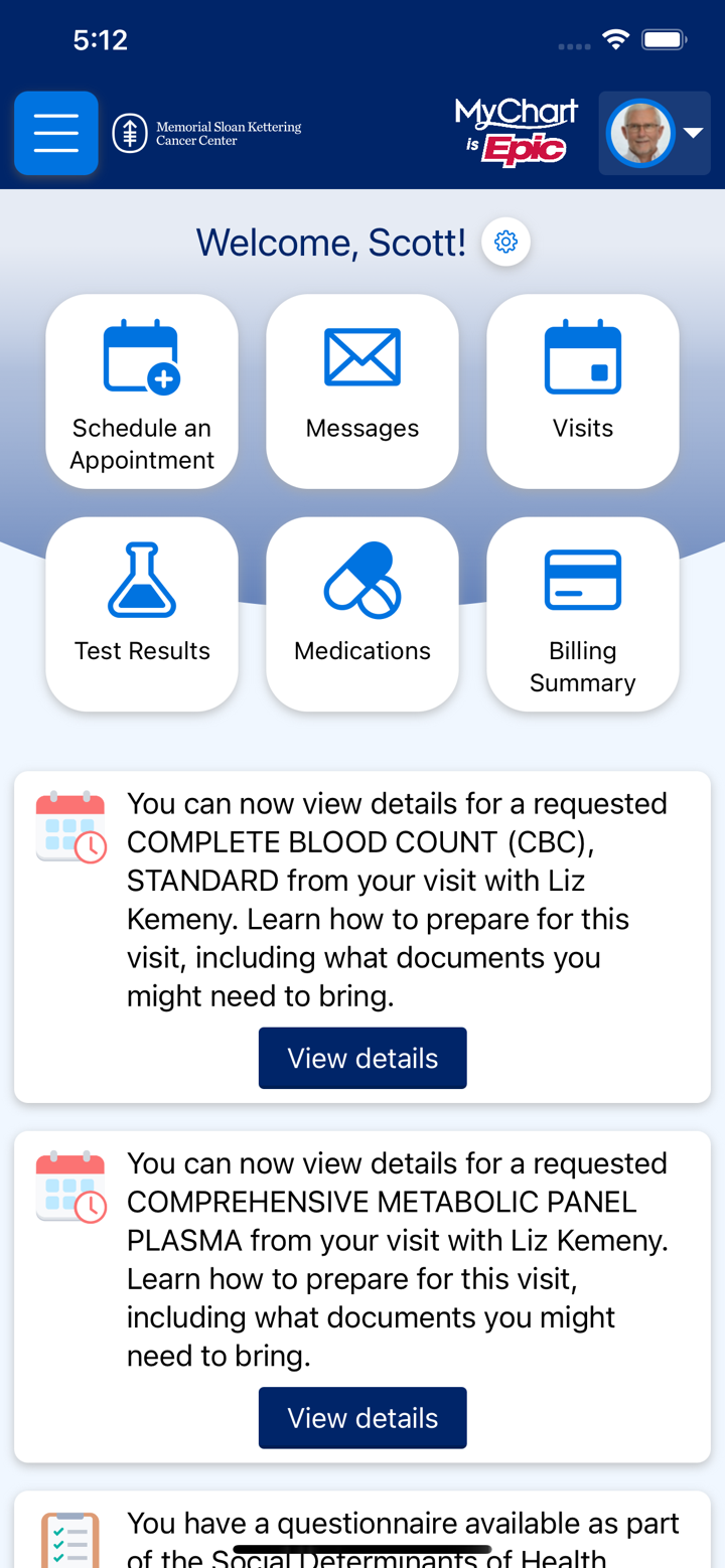 MSK MyChart screenshot 2