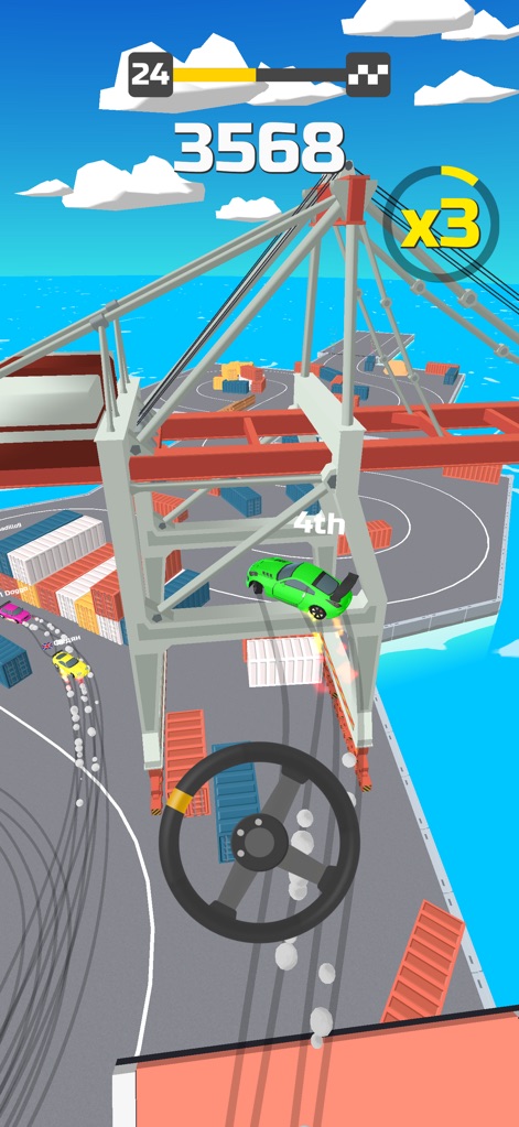 Hyper Drift! - Enjoy a unique perspective of the race as cars weave through the challenging course, passing beneath towering cranes and stacks of containers.