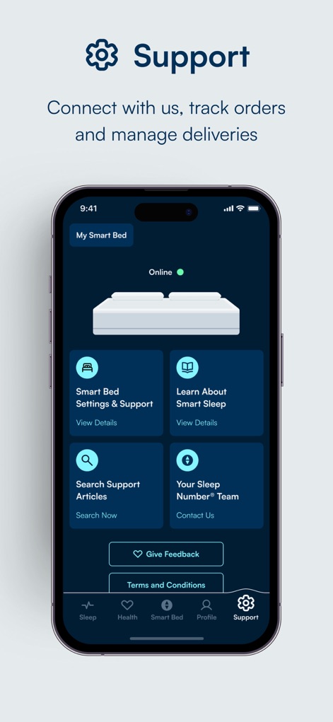 Sleep Number - The app provides a dedicated support hub, featuring direct access to smart bed settings and comprehensive support articles for troubleshooting.