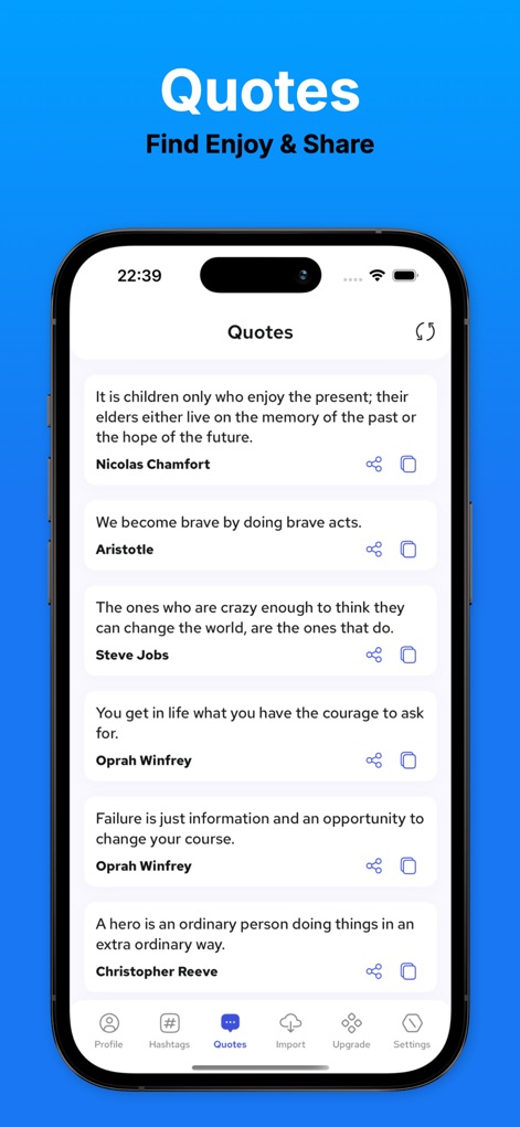FSaver - Video, Story, Reels - Los usuarios pueden explorar una sección dedicada a citas motivadoras de autores reconocidos, como se muestra con ejemplos de Nicolas Chamfort y Steve Jobs, ofreciendo opciones para compartir o copiar cada cita.
