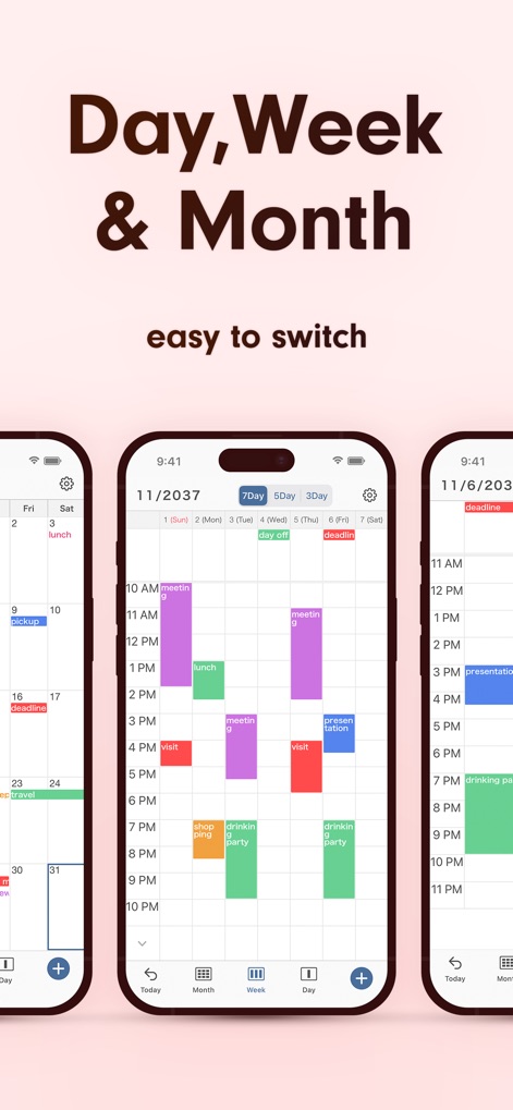 Simple Calendar: ToDo Planner - Navigate schedules with ease by switching between detailed daily, customizable weekly (7, 5, or 3-day), and comprehensive monthly calendar views.