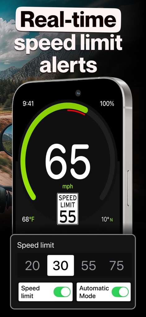 GPS Speedometer MPH Tracker - This visual demonstrates the app's real-time speed limit alerts, indicated by the dynamic speed indicator and the interactive speed limit control panel.