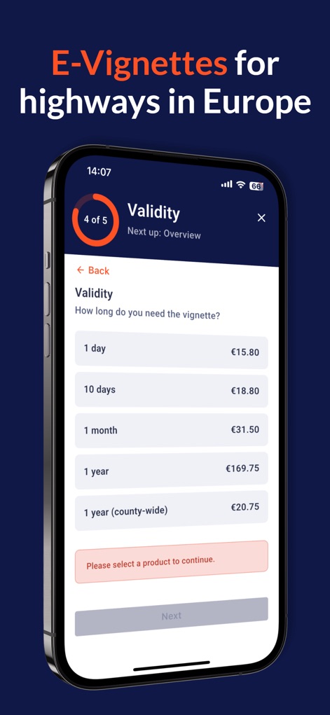 vintrica Mobility - Users can easily select from various e-vignette validity periods, such as 1 day or 1 year, and view their corresponding costs before proceeding.