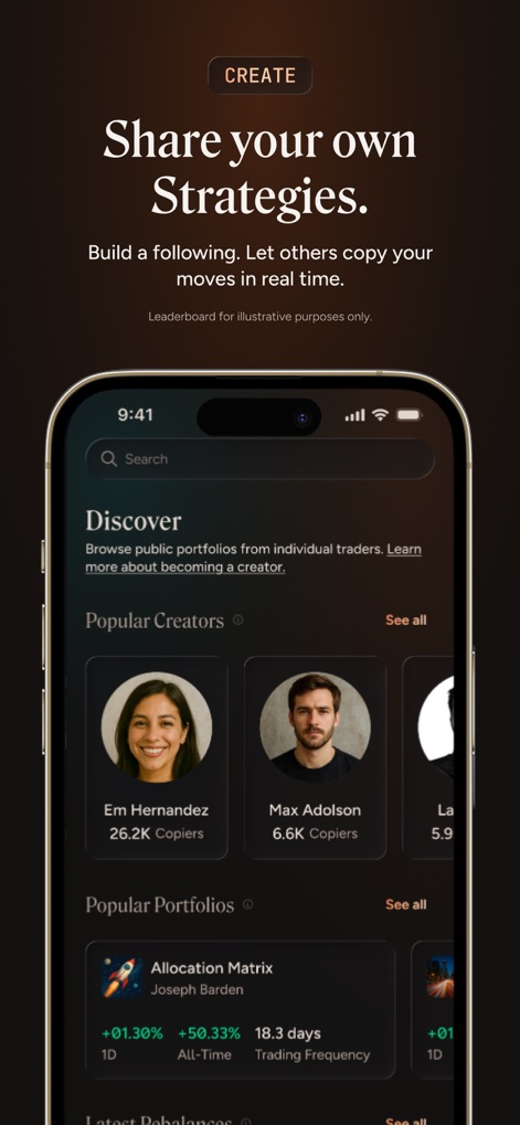 dub: Copy Real Investors - This tool allows users to discover 'Popular Creators' based on their number of copiers and browse various 'Popular Portfolios' to find new strategies.