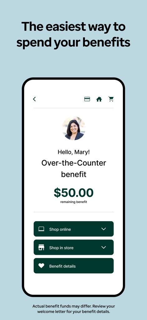 Healthy Benefits Plus - Discover how the app clearly displays the current Over-the-Counter benefit balance and offers direct access to shopping options.