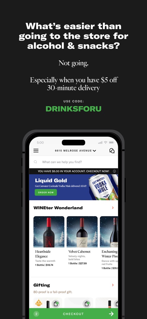 Saucey: Alcohol Delivery - This interface highlights enticing promotional offers and seasonal collections like "WINEter Wonderland," guiding users to discover new products and savings.