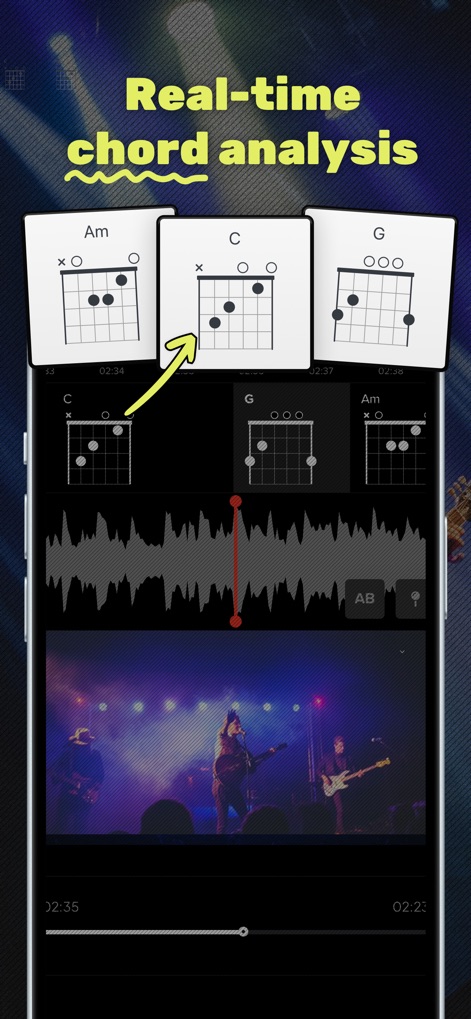 Audio Jam - AI for musicians - Discover the app's real-time chord analysis, showcasing guitar chord diagrams (e.g., Am, C, G) precisely aligned with the audio waveform for deeper musical understanding.