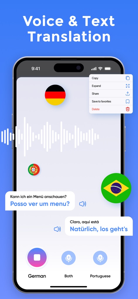Voice Language Translator Pro - Experience real-time voice and text translation with clear audio output, displaying spoken phrases as interactive waveforms and translated text snippets.
