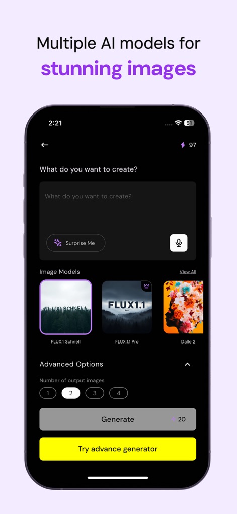 Merlin AI: AI Chat Assistant - Users can select from multiple "Image Models" such as FLUX.1 Pro and Dalle 2 to generate stunning visuals, with adjustable "Advanced Options" for output quantity.