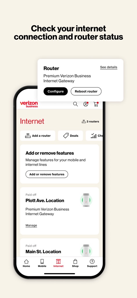 My Verizon For Business - A tela permite que os administradores verifiquem o "Status do roteador" e gerenciem a opção "Adicionar ou remover recursos" de internet, simplificando a manutenção dos serviços.