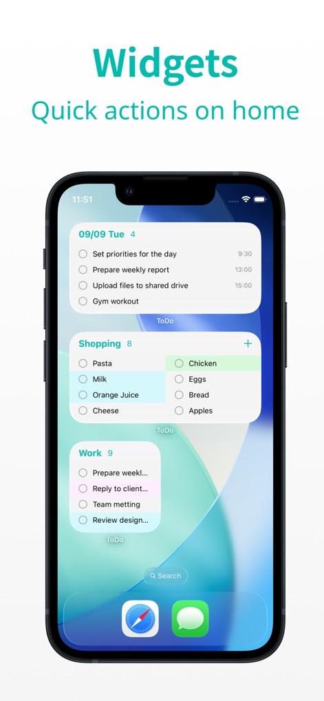 Minimal Tabbed ToDo List - Observe how users can instantly view and manage multiple task lists, such as 'Shopping' and 'Work', directly from their Home Screen via dynamic widgets.
