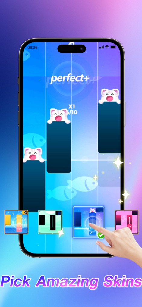 Rhythm Rush 2: Piano Game - Users can personalize their gameplay experience by selecting from diverse music tiles and unique game themes, such as the adorable cat faces or classic piano keys.