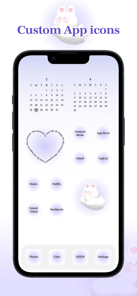 Photo Widget - Themes & Icons - Observe the flexibility of custom app icons, including unique heart-shaped text icons and minimalist calendar widgets, for a truly personalized device.