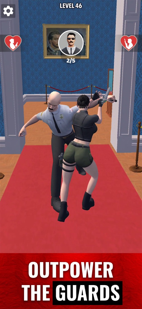 Mr and Mrs Shooter: City Hunt - The game depicts a female character engaging in close-quarters combat to subdue a guard within a museum setting, demonstrating the 'OUTPOWER THE GUARDS' objective at 'LEVEL 46'.