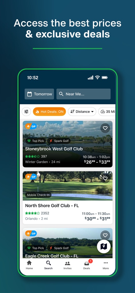 GolfNow Book TeeTimes Golf GPS - The app allows users to activate "Hot Deals: ON" to find discounted tee times, clearly identifying "Top Pick" courses and GolfPass member benefits through prominent badges.